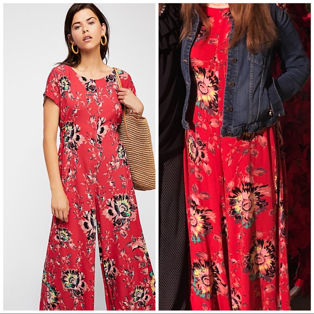 Free People Red Floral Jumpsuit